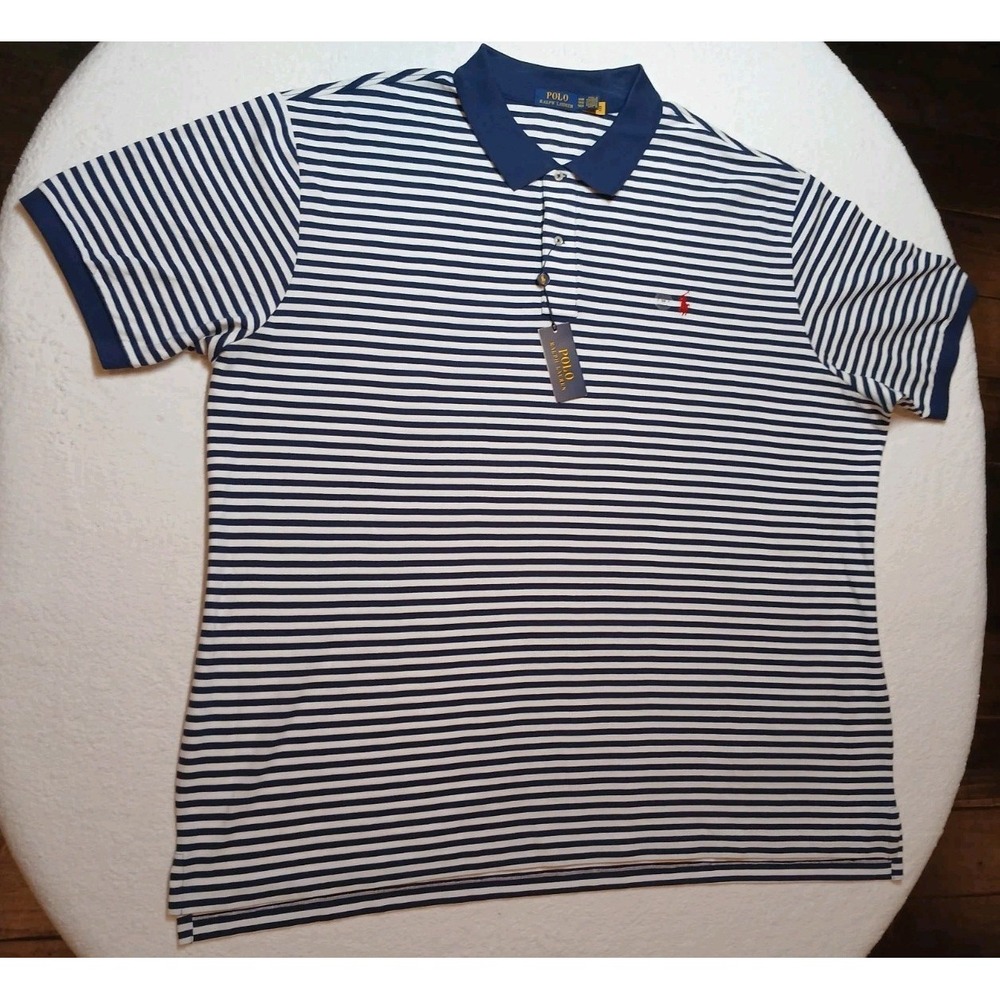 NWT Polo Ralph Lauren Men's 5XB Big & Tall Navy White Striped Polo Shirt Pony